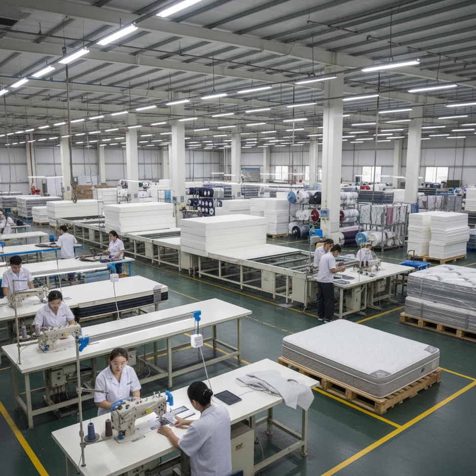 generate an image of a factory of mattresses